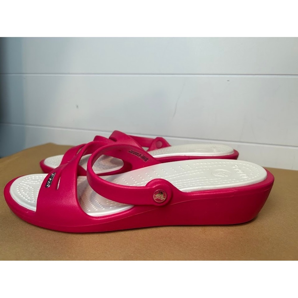 Crocs Patricia Wedge Sandals Womens 9 Pink White Triple Strap Slip On 204005 - Picture 3 of 6